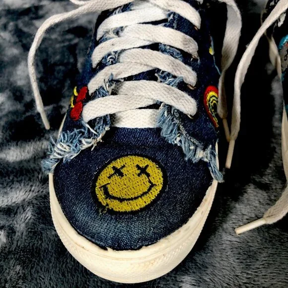 Denim Canvas Sneakers With Embroidered Smiley & Icons Frayed Detail - Picture 2 of 11